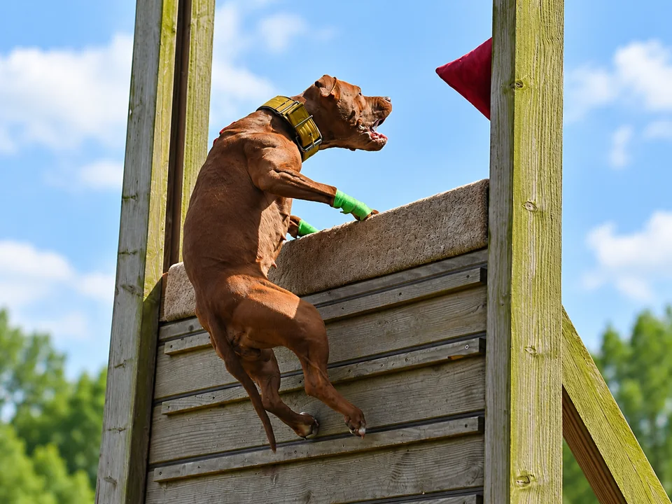 Wooden wall dog climbing over the wall